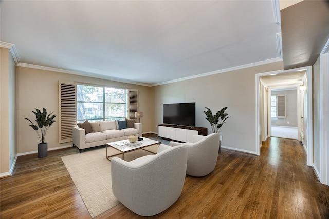 6070 Averill Way Unit A, Dallas, TX 75225 - living area featuring plenty of natural light, baseboards, wood finished floors, and crown molding