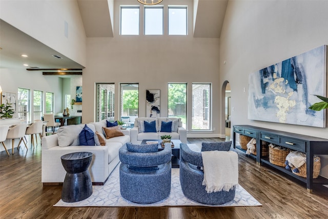 2205 Grafton Ln, Mckinney, TX 75071 - living area with a high ceiling, wood finished floors, and arched walkways