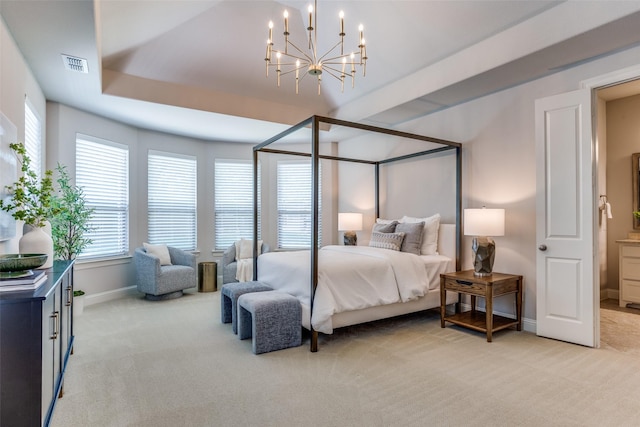 2205 Grafton Ln, Mckinney, TX 75071 - bedroom featuring light carpet, a chandelier, and baseboards