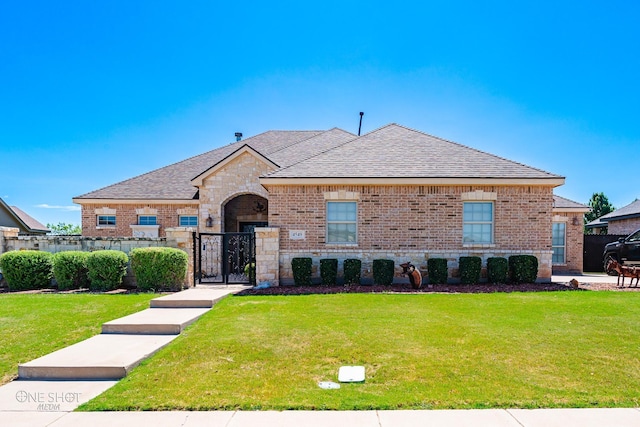 4549 Coyote Run, Abilene, TX 79602 - french provincial home with a gate, brick siding, roof with shingles, and stone siding