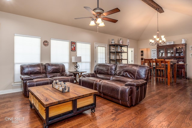 4549 Coyote Run, Abilene, TX 79602 - living area with a chandelier, ceiling fan, beamed ceiling, dark wood-type flooring, and high vaulted ceiling