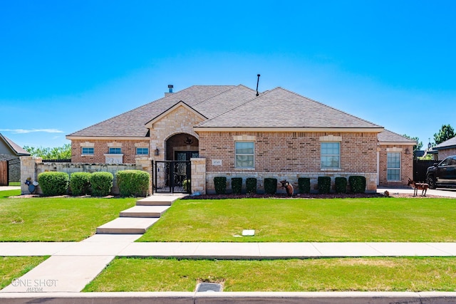 4549 Coyote Run, Abilene, TX 79602 - french country home with a gate, a shingled roof, brick siding, and stone siding