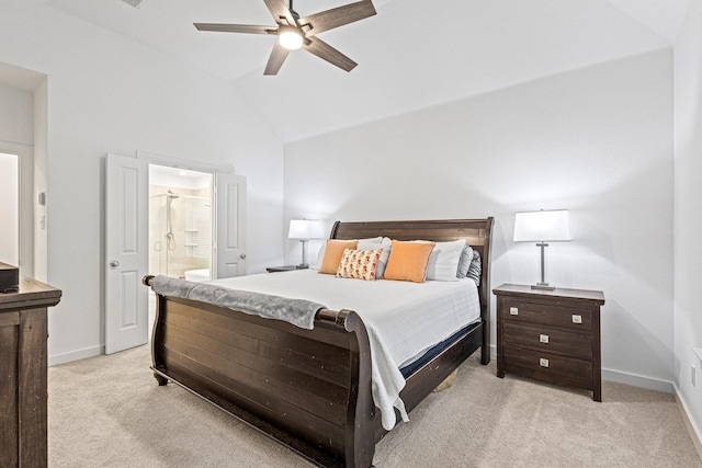 3952 Oak Creek Cir, Denison, TX 75020 - bedroom featuring light colored carpet, vaulted ceiling, baseboards, connected bathroom, and ceiling fan