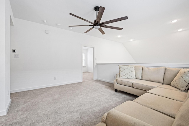 3952 Oak Creek Cir, Denison, TX 75020 - living room featuring ceiling fan, carpet floors, baseboards, recessed lighting, and vaulted ceiling