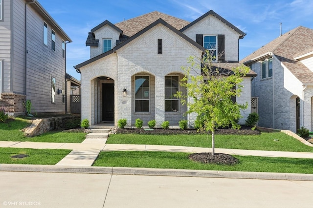 french country style house with brick siding, a front lawn, and covered porch