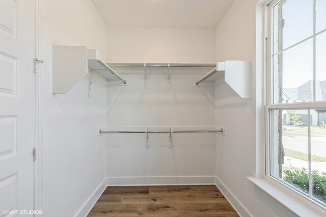 walk in closet with wood finished floors