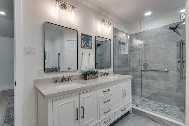 375 Briarwood Ln, Aledo, TX 76008 - full bath featuring crown molding, a shower stall, double vanity, and recessed lighting