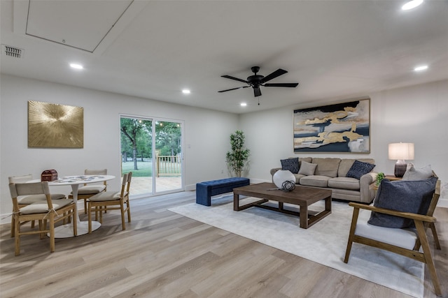 375 Briarwood Ln, Aledo, TX 76008 - living room featuring attic access, recessed lighting, light wood finished floors, and ceiling fan