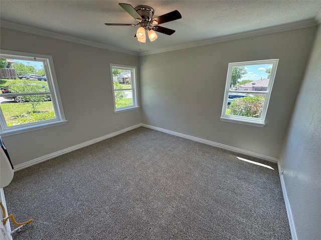 empty room featuring baseboards, ornamental molding, carpet, a ceiling fan, and a textured ceiling