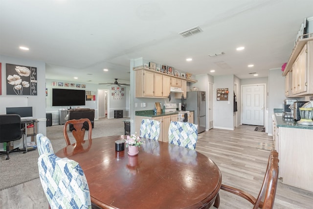 7662 Vz County Road 3504, Wills Point, TX 75169 - dining area featuring an office area, recessed lighting, baseboards, a ceiling fan, and light wood-type flooring