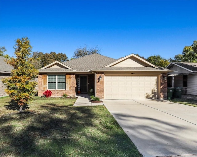 8410 Sussex St, White Settlement, TX 76108 - ranch-style house featuring an attached garage, brick siding, driveway, a front lawn, and roof with shingles