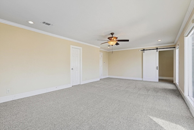 4532 Calmont Ave, Fort Worth, TX 76107 - unfurnished bedroom with ornamental molding, recessed lighting, a barn door, baseboards, and light carpet