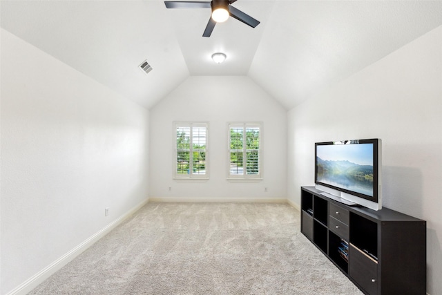 5900 Stage Coach Cir, Westlake, TX 76262 - unfurnished living room with light carpet, a ceiling fan, baseboards, and vaulted ceiling