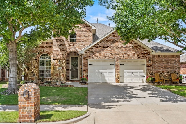 2441 Deerwood Dr, Little Elm, TX 75068 - traditional-style home featuring roof with shingles, brick siding, an attached garage, driveway, and a front yard
