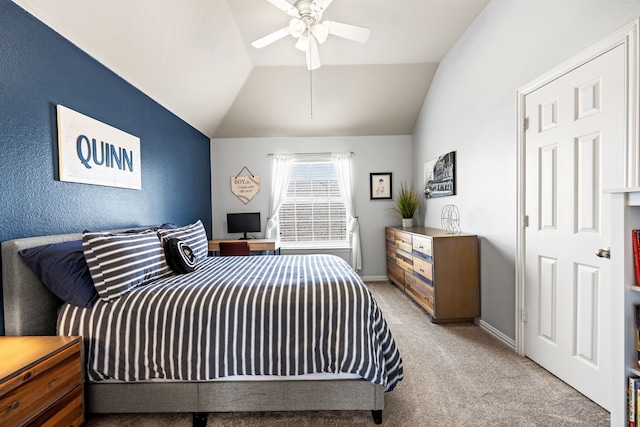 2441 Deerwood Dr, Little Elm, TX 75068 - bedroom with light colored carpet, lofted ceiling, baseboards, and a ceiling fan