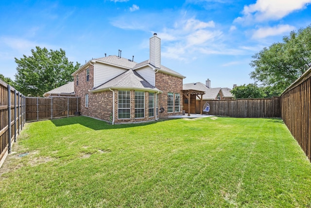2441 Deerwood Dr, Little Elm, TX 75068 - rear view of house with brick siding, a chimney, a patio area, a shingled roof, and a pergola