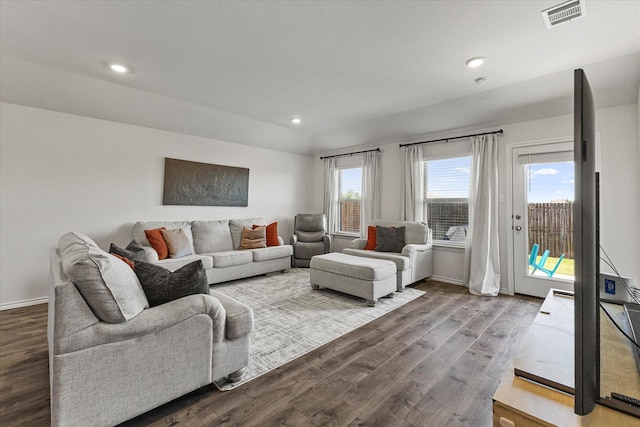 3303 Hawkins Dr, Fate, TX 75189 - living room with dark wood-style flooring, recessed lighting, and baseboards