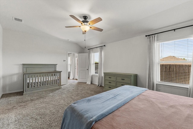3303 Hawkins Dr, Fate, TX 75189 - bedroom with baseboards, carpet floors, vaulted ceiling, and a ceiling fan