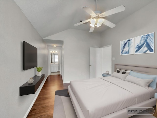 1301 Archdale Ct, Fort Worth, TX 76028 - bedroom with dark wood-type flooring, vaulted ceiling, baseboards, and a ceiling fan