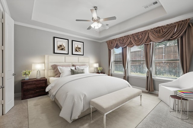 7401 Sabine Dr, Mckinney, TX 75071 - bedroom with a raised ceiling, light colored carpet, baseboards, a ceiling fan, and crown molding