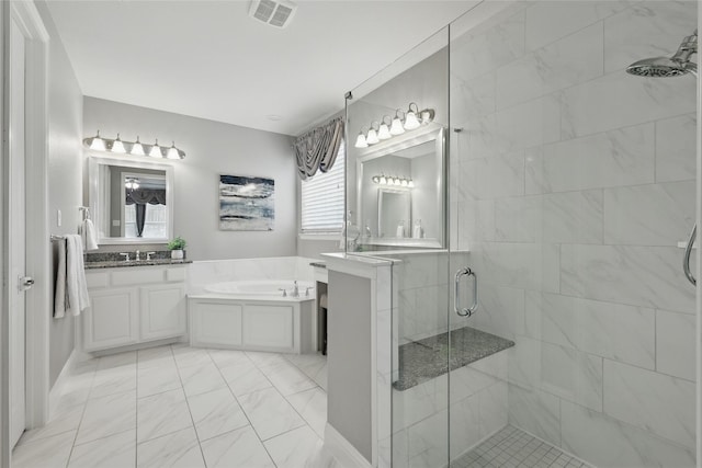 7401 Sabine Dr, Mckinney, TX 75071 - full bath featuring a shower stall, a bath, marble look tile flooring, and vanity