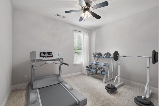 7401 Sabine Dr, Mckinney, TX 75071 - workout room with carpet flooring, a ceiling fan, and baseboards