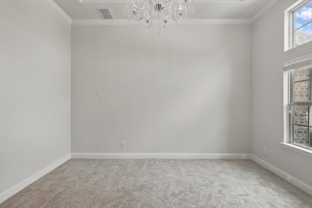 7401 Sabine Dr, Mckinney, TX 75071 - spare room featuring carpet flooring, crown molding, a chandelier, and baseboards