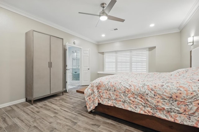 1925 Kiestwood Cir, Plano, TX 75025 - bedroom featuring ornamental molding, light wood finished floors, baseboards, recessed lighting, and ensuite bathroom