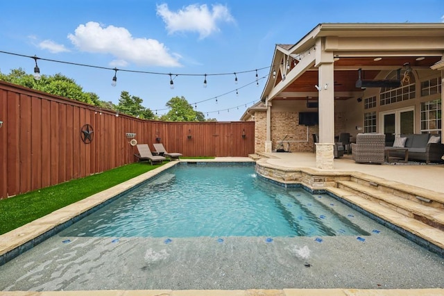 1925 Kiestwood Cir, Plano, TX 75025 - view of pool featuring a patio area, a fenced backyard, ceiling fan, and an outdoor living space