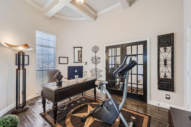 600 Oakmont Ct, Desoto, TX 75115 - office featuring wood finished floors, beamed ceiling, baseboards, crown molding, and coffered ceiling