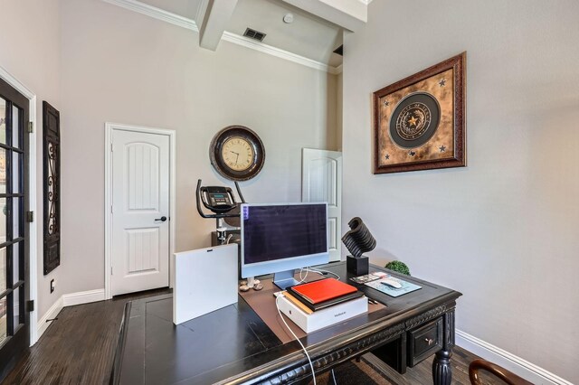 600 Oakmont Ct, Desoto, TX 75115 - office featuring baseboards, ornamental molding, dark wood-style flooring, beam ceiling, and a high ceiling