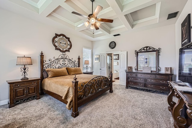 600 Oakmont Ct, Desoto, TX 75115 - bedroom with light carpet, coffered ceiling, beam ceiling, ornamental molding, and a ceiling fan