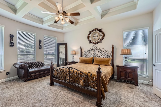 600 Oakmont Ct, Desoto, TX 75115 - bedroom with carpet, coffered ceiling, beamed ceiling, ornamental molding, and baseboards