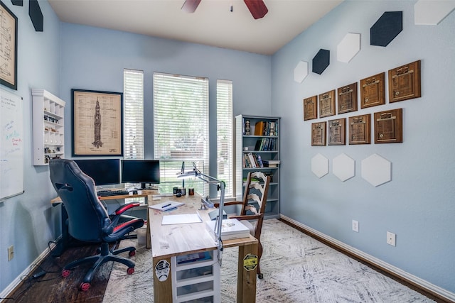 519 Butternut Dr, Garland, TX 75044 - office area with a ceiling fan and baseboards