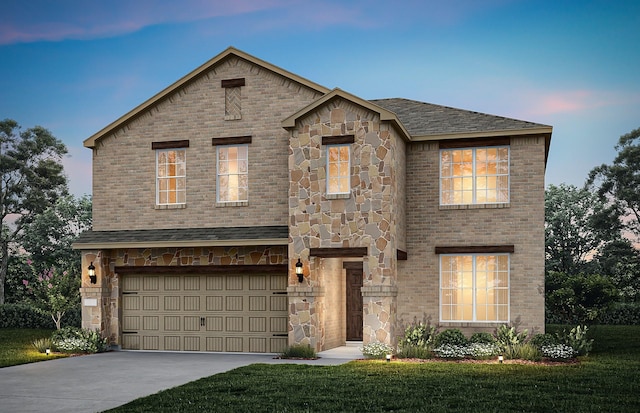 view of front of home featuring concrete driveway, an attached garage, a front yard, and stone siding