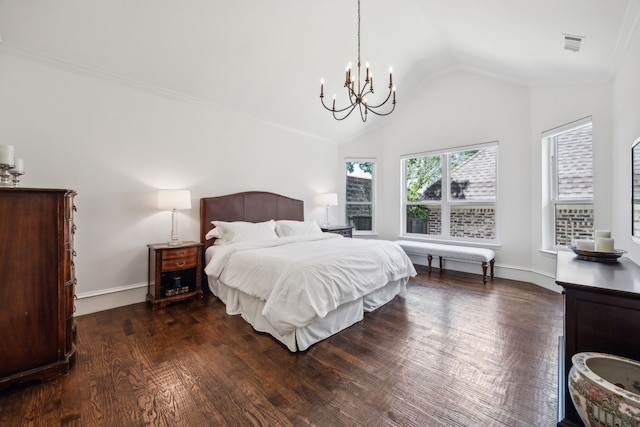 1675 Morris Ln, Frisco, TX 75034 - bedroom with a chandelier, dark wood finished floors, vaulted ceiling, ornamental molding, and baseboards