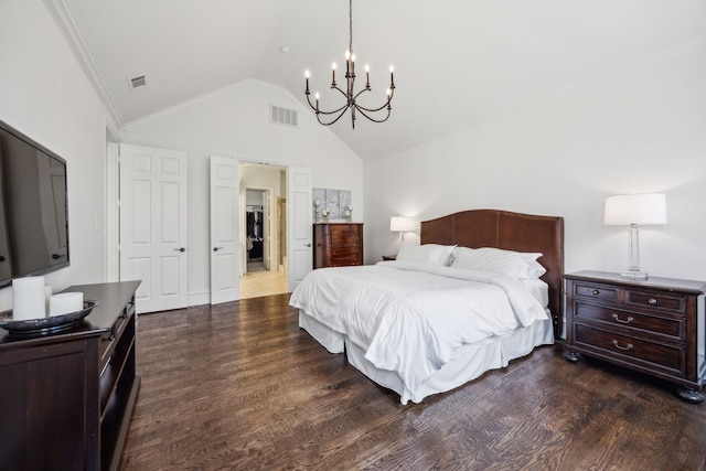 1675 Morris Ln, Frisco, TX 75034 - bedroom with a chandelier, wood finished floors, high vaulted ceiling, and ornamental molding