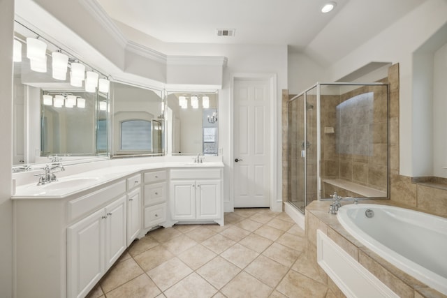 1675 Morris Ln, Frisco, TX 75034 - full bathroom featuring a shower stall, double vanity, a garden tub, and tile patterned flooring
