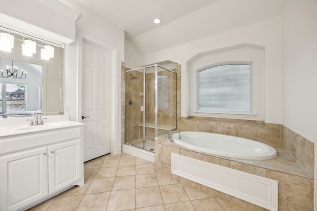 1675 Morris Ln, Frisco, TX 75034 - bathroom featuring tile patterned floors, a shower stall, a chandelier, and a bath