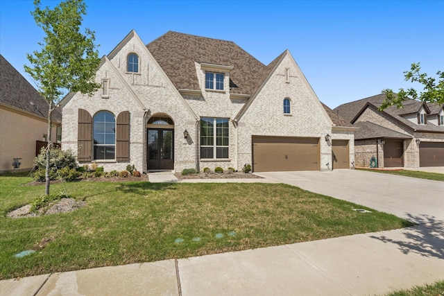 2605 Patton Dr, Melissa, TX 75454 - french country inspired facade with french doors, concrete driveway, a front yard, and brick siding