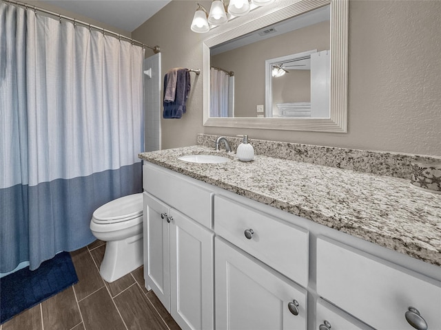 2114 Cottage Oak Ln, Colleyville, TX 76034 - bathroom featuring toilet, vanity, a textured wall, and curtained shower