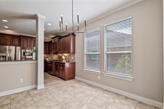 402 Pebble Beach Dr, Frisco, TX 75036 - kitchen featuring appliances with stainless steel finishes, dark countertops, decorative backsplash, ornamental molding, and baseboards