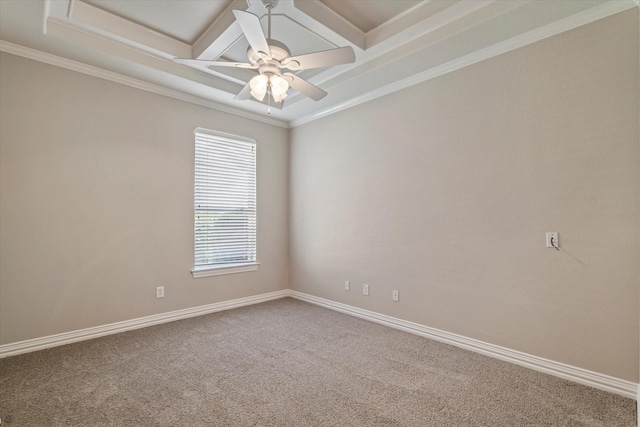 402 Pebble Beach Dr, Frisco, TX 75036 - carpeted spare room with coffered ceiling, crown molding, beamed ceiling, a ceiling fan, and baseboards