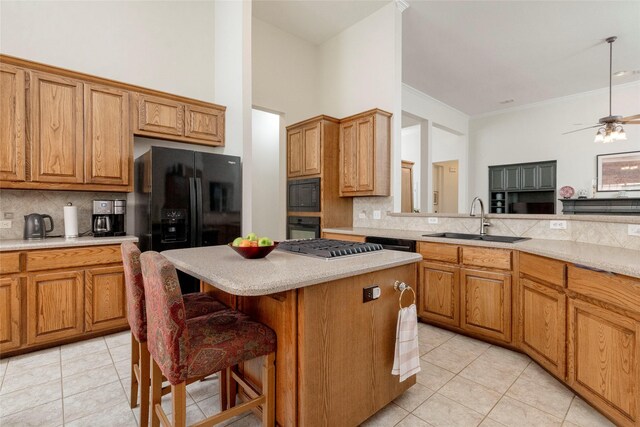 4301 Sandra Lynn Dr, Flower Mound, TX 75022 - kitchen with a sink, backsplash, light tile patterned floors, and a high ceiling