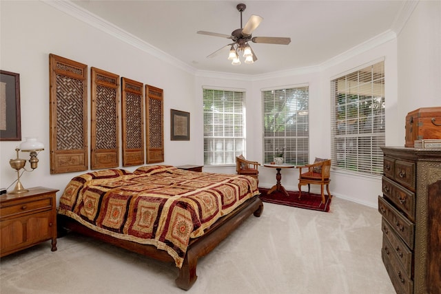 4301 Sandra Lynn Dr, Flower Mound, TX 75022 - bedroom with light colored carpet, ornamental molding, multiple windows, a ceiling fan, and baseboards