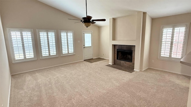 1924 Cliffrose Dr, Little Elm, TX 75068 - unfurnished living room with ceiling fan, carpet, a fireplace, baseboards, and vaulted ceiling