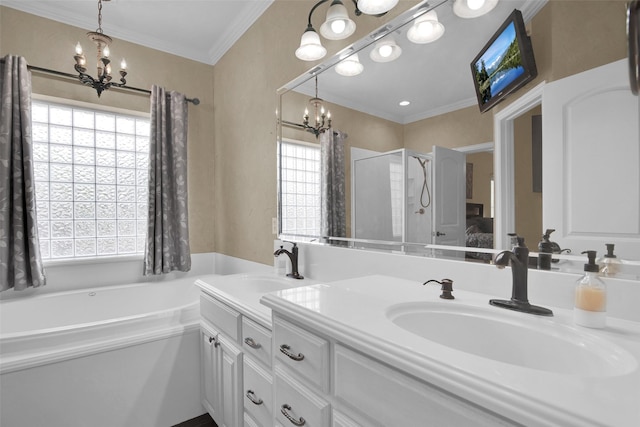 2920 Village Cir, Denison, TX 75020 - bathroom with a chandelier, a stall shower, double vanity, ornamental molding, and a garden tub