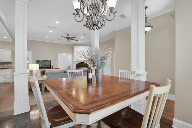 2920 Village Cir, Denison, TX 75020 - dining space with ornate columns, recessed lighting, crown molding, a ceiling fan, and baseboards