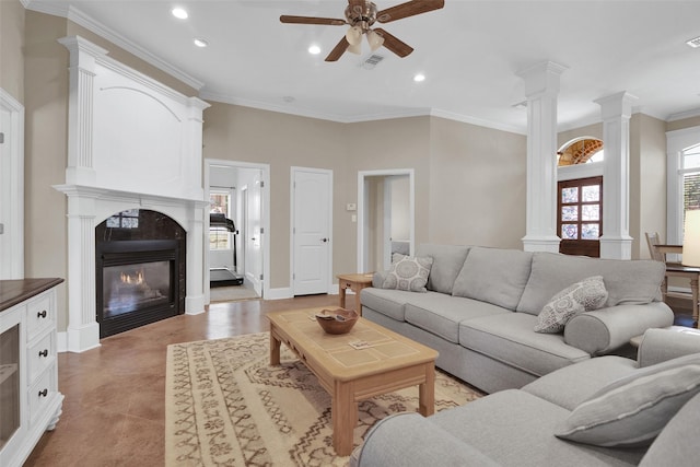 2920 Village Cir, Denison, TX 75020 - living area with a ceiling fan, decorative columns, recessed lighting, ornamental molding, and a glass covered fireplace