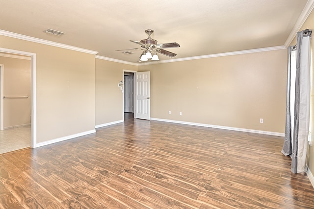6508 Corral Ln, Denton, TX 76210 - empty room with ceiling fan, wood finished floors, baseboards, and crown molding